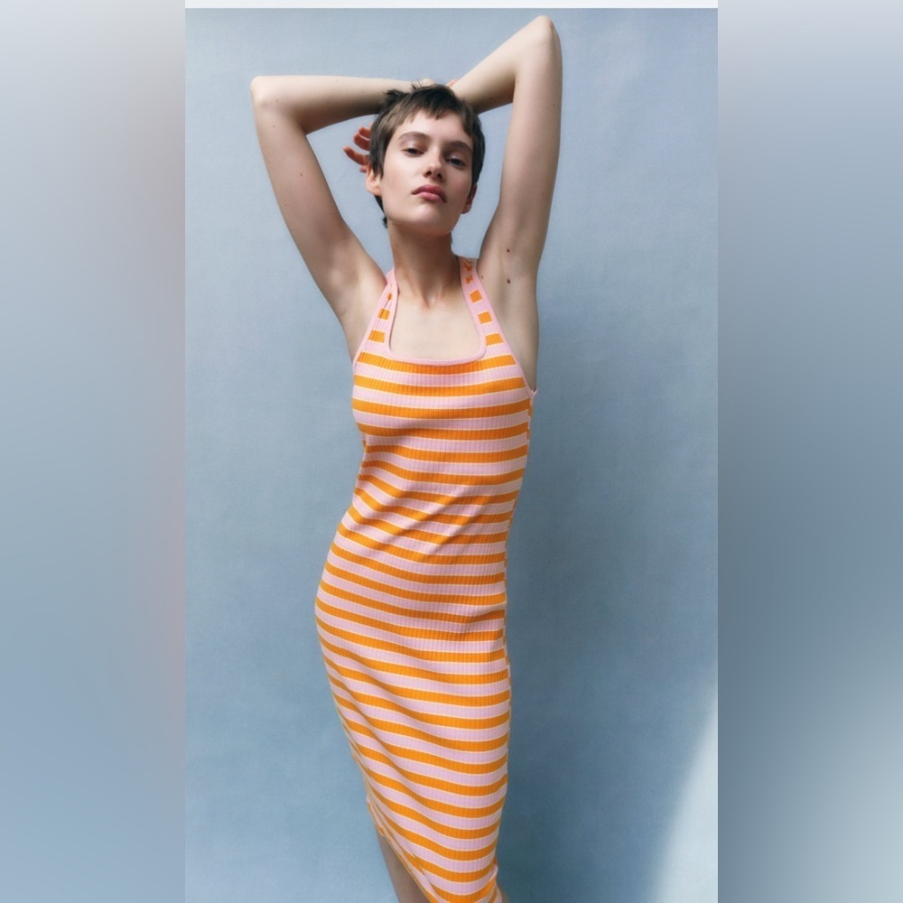 Zara stripped orange and pink midi dress size small new with tags